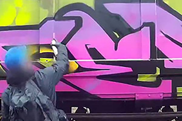 image of a person with a backpack spraying a coloful design on the side of a boxcar